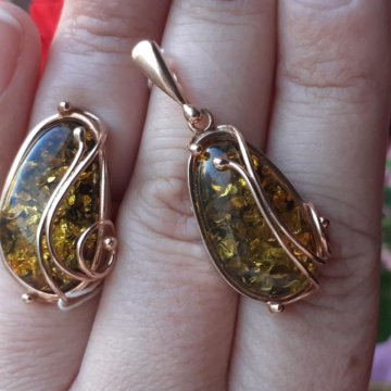 Кольцо + кулон с янтарем