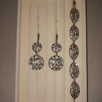 Серьги+ браслет, серебро 925 пробы.