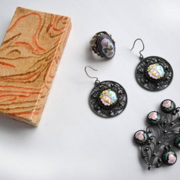 Комплект серьги, брошь, кольцо, Ростовская финифть