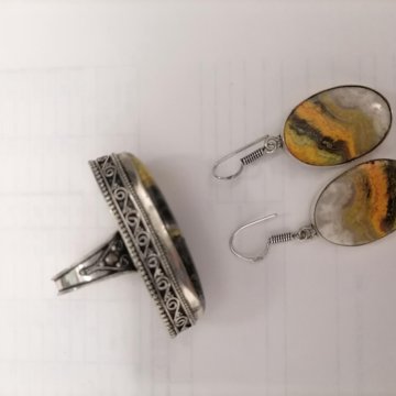 Серебряный комплект серьги и кольцо с яшмой