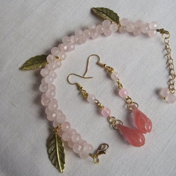 Комплект колье+браслет+серьги из розового кварца