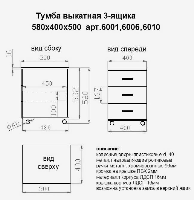 тумба 3 ящика выкатная на колёсах