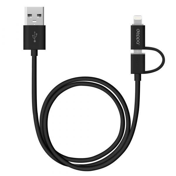 Кабель Deppa 2 в 1 USB - Micro USB/Lightning 1.2м Black (арт.72204)