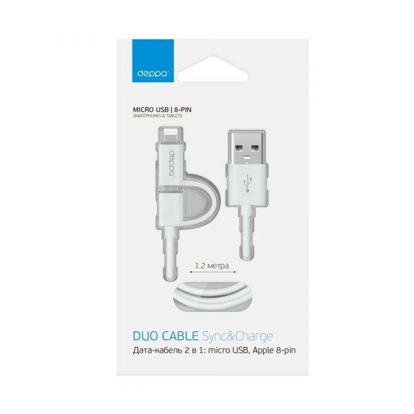 Кабель Deppa 2 в 1 USB - Micro USB/Lightning 1.2м Black (арт.72204)