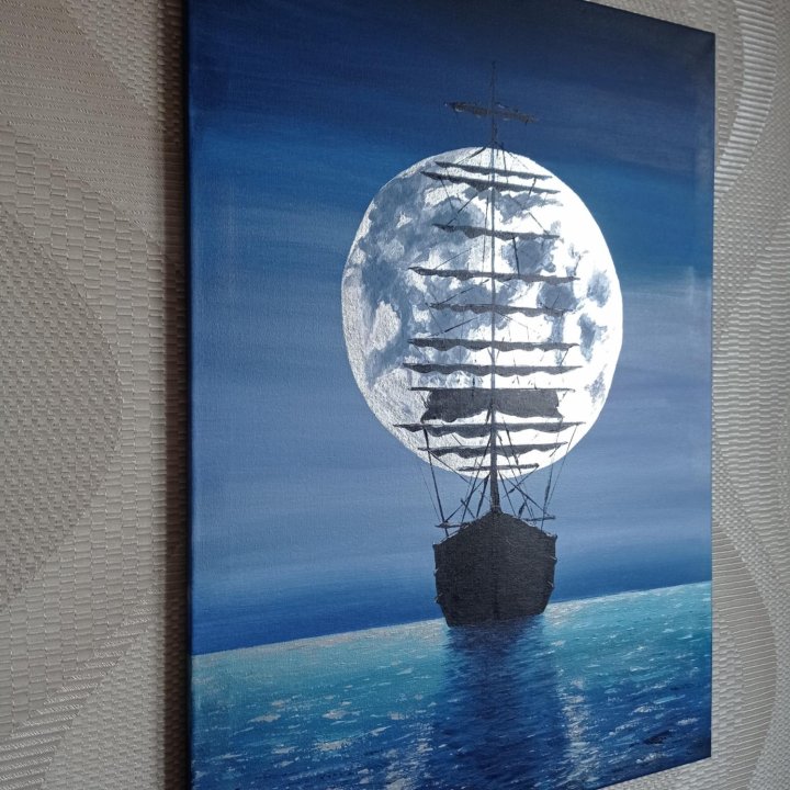 Интерьерная картина корабль море луна 50х70