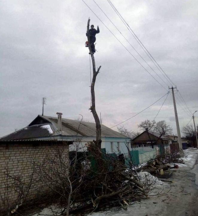 Спил деревьев. кустарников, поросли. Автовышка.