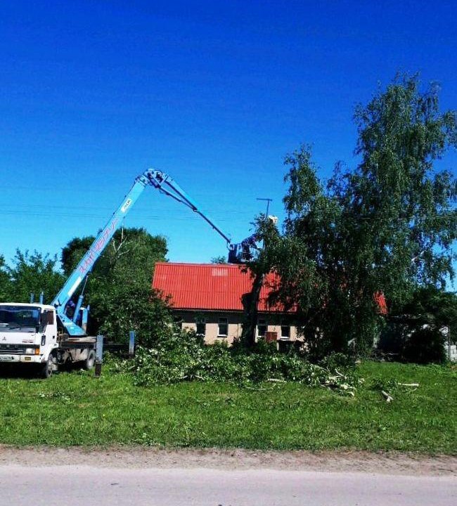 Спил деревьев. кустарников, поросли. Автовышка.