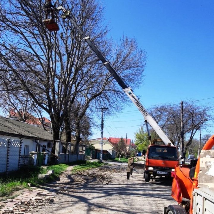 Спил деревьев. кустарников, поросли. Автовышка.