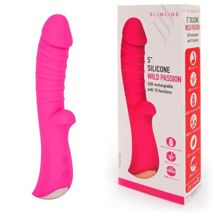 Ярко-розовый вибромассажер 5 Silicone Wild Passio