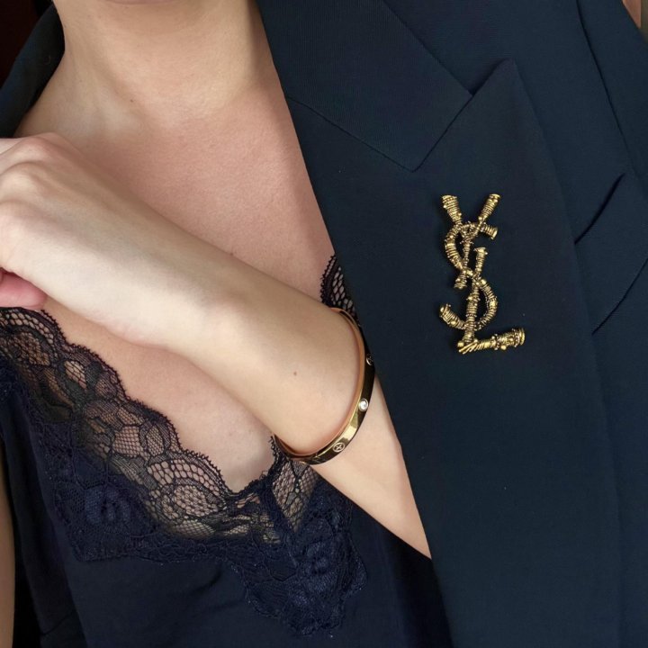 Брошь YSL на пиджак/ пальто, золото и серебро