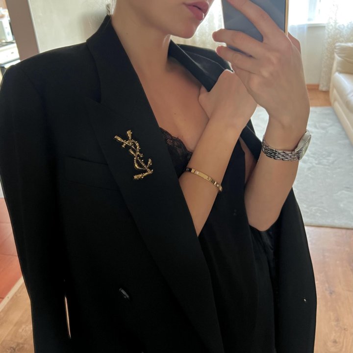 Брошь YSL на пиджак/ пальто, золото и серебро