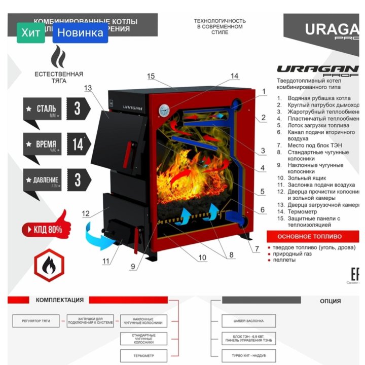 Котел отопительный комбинированный Uragan Prof