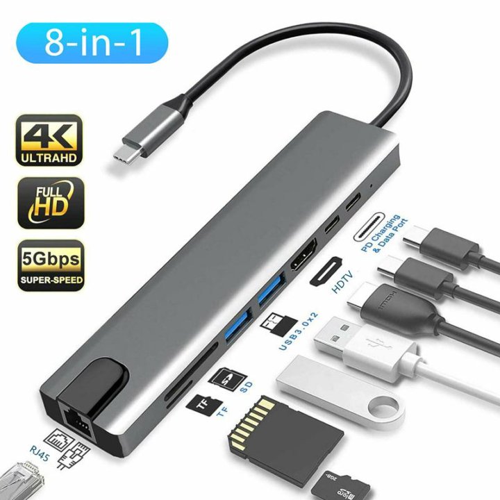 Type-C хаб 8в1 (USB-C, USB3.0, HDMI, RJ45, SD, TF)