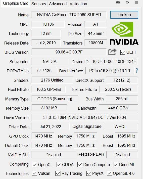 RTX 2060 8gb, intel 3.5Ghz, 256ssd, 32dd