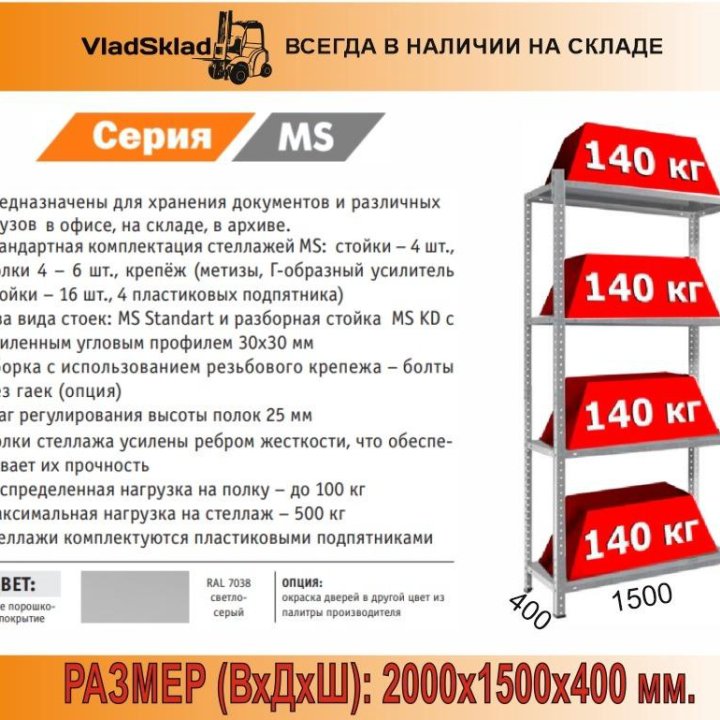 Стеллаж металлический 2000х1500х400 до160 на полку