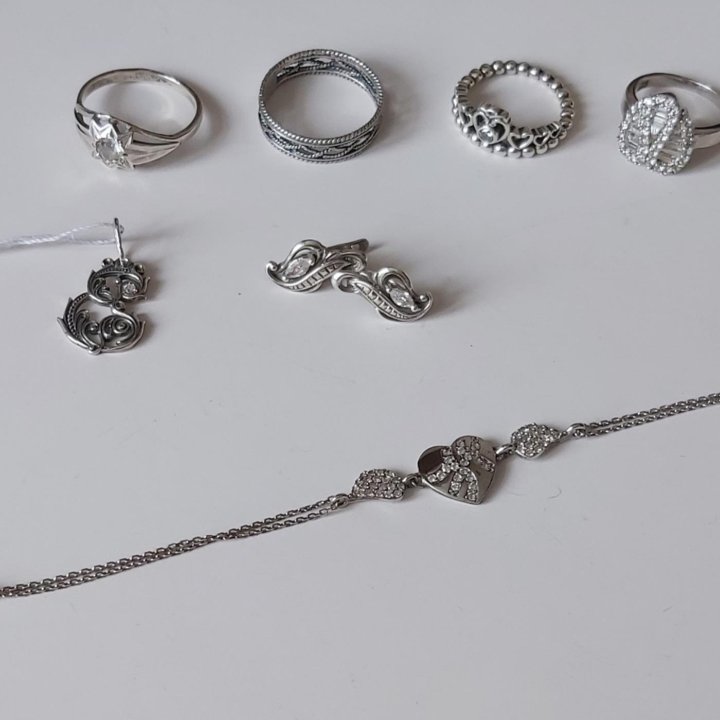 Серебрянные кольца, серьги,кулончик, браслет