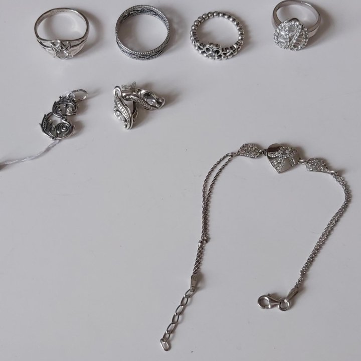 Серебрянные кольца, серьги,кулончик, браслет