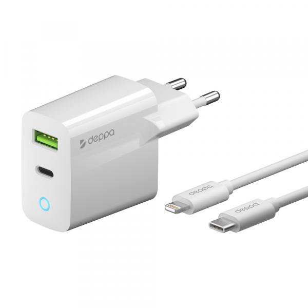 СЗУ Deppa USB-C + USB A, PD 3.0, QC 3.0, 20Вт, дата-кабель USB-C - Lightning, белый (арт.11396)