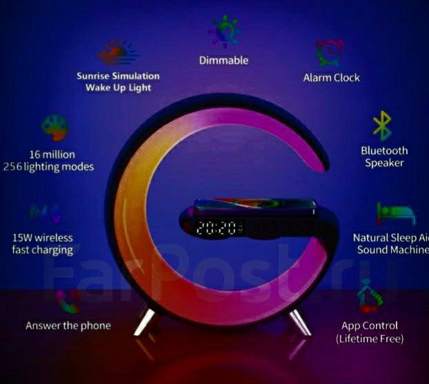 Беспроводная зарядка,ночник, колонка,часы