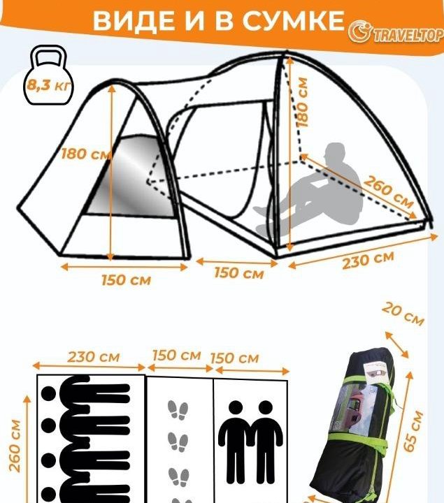 Палатка туристическая 6ти местная, 2х комнатная
