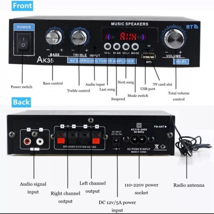 Аудио усилитель BT, USB/SD, AUX, FM