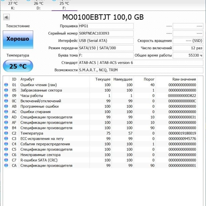 SSD HP MO0100EBTJT (MZ-5EA1000/0H3) 100 gb - Б/У