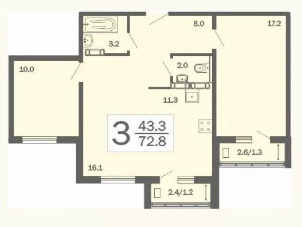 Планировка квартир пензы Квартира, 3 комнаты, 72.8 м² - купить в Пензе, цена 3 915 000 руб., дата размеще