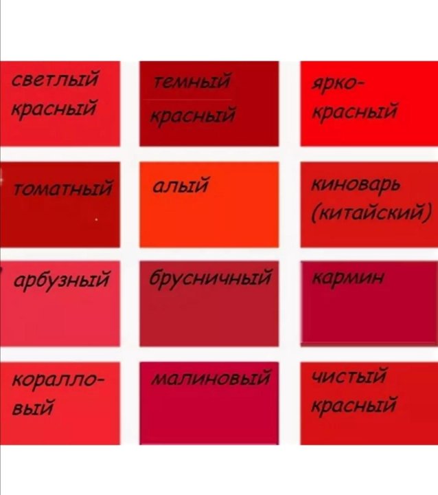 Количество оттенков красного цвета. Оттенки красного. Оттенки красного с названиями. Красные цвета названия. Названия красных цветов и оттенков.