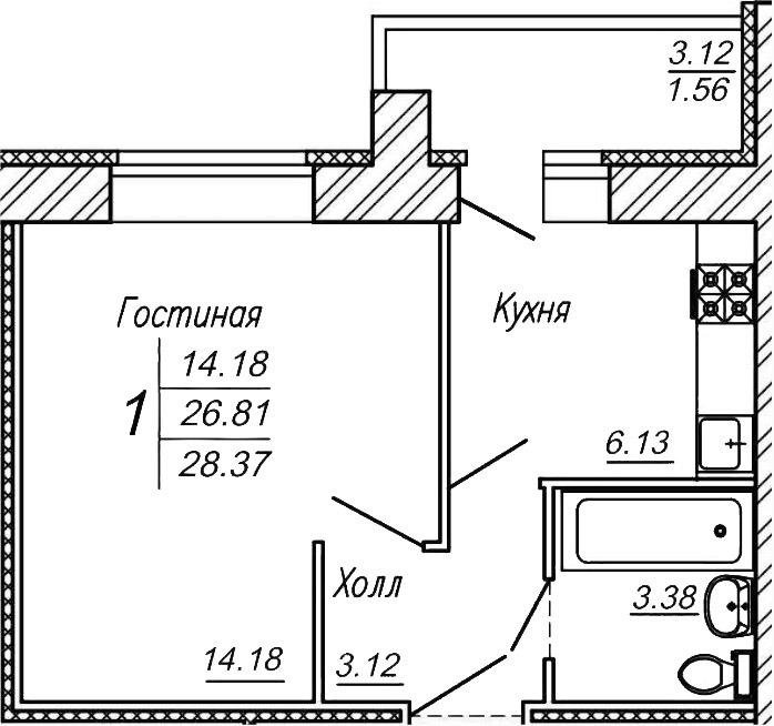 Планировка квартир пензы Квартира, 1 комната, 28 м² - купить в Пензе, цена 1 100 руб., дата размещения: 1