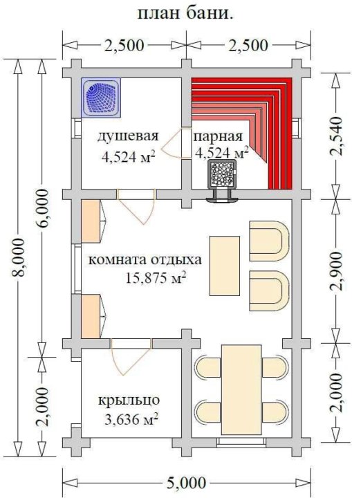 Проект бани 6х5 с туалетом и комнатой отдыха