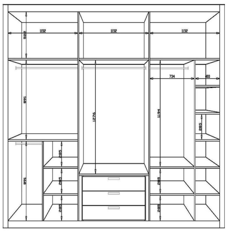 Схема шкафа для одежды с полками и ящиками